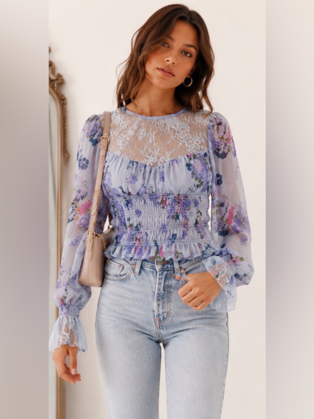 Free People Daphne Floral Lace Blouse Blue Combo NWT Small - Picture 2 of 13